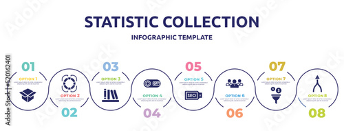 statistic collection concept infographic design template. included unboxing, rescue, calibre, on, seo tag, businessmen, conversion, merging icons and 8 option or steps.
