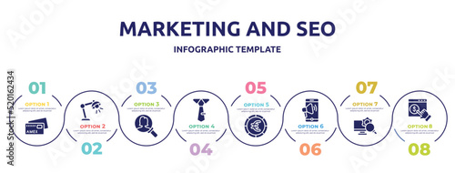 marketing and seo concept infographic design template. included , study light, person search, big tie, round euro button, mobile marketing, monitoring system, monetizing icons and 8 option or