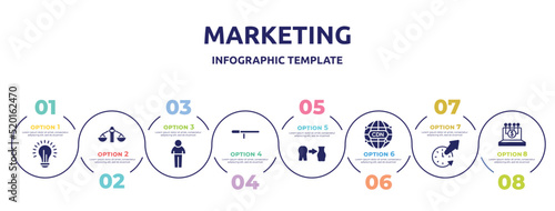 marketing concept infographic design template. included lightbulb, feasibility, person shape, baton stick, weight loss, cdn, time out, digital finance icons and 8 option or steps.