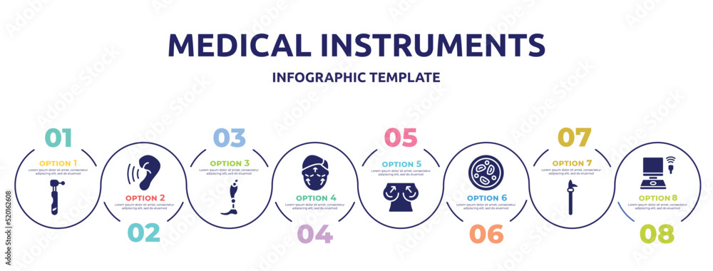 medical instruments concept infographic design template. included dental drill, hearing, prothesis, aesthetic, boobs, microscopic, pike pole, ultrasonography icons and 8 option or steps. medical instruments concept infographic design template. included dental drill, hearing, prothesis, aesthetic, boobs, microscopic, pike pole, ultrasonography icons and 8 option or steps.