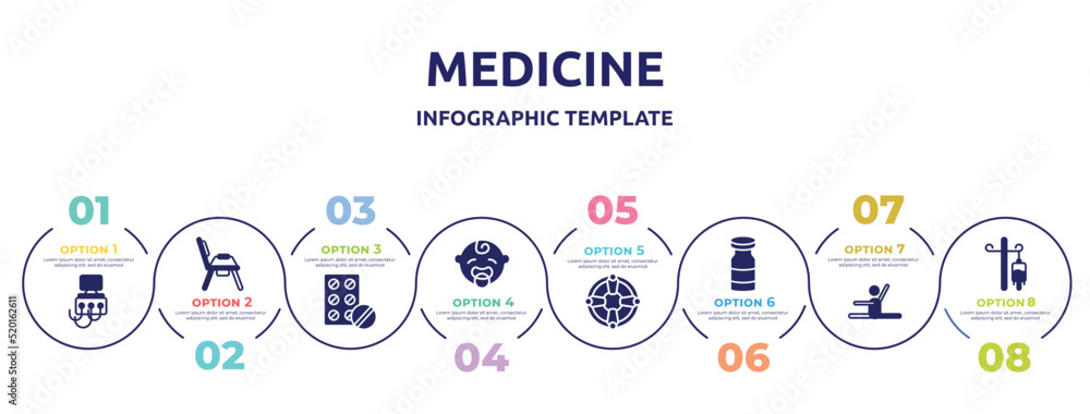 medicine concept infographic design template. included dialysis, potty, antibiotic, baby boy, life saver, vial, stretch, drip icons and 8 option or steps. medicine concept infographic design template. included dialysis, potty, antibiotic, baby boy, life saver, vial, stretch, drip icons and 8 option or steps.