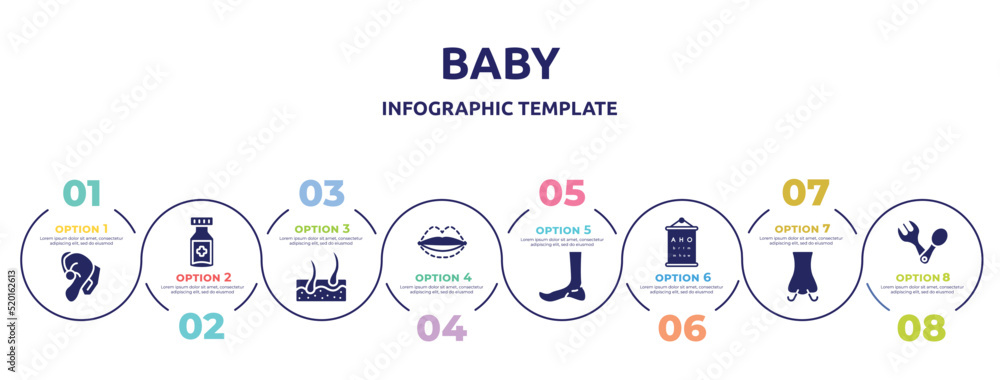 baby concept infographic design template. included hearing aid, medicine jar, epidermis, sil, ankle, sight check table, smelling, spoon and fork icons and 8 option or steps. baby concept infographic design template. included hearing aid, medicine jar, epidermis, sil, ankle, sight check table, smelling, spoon and fork icons and 8 option or steps.