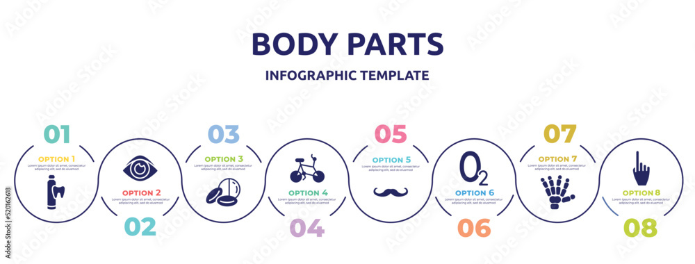 body parts concept infographic design template. included toothpaste tube, human eye shape, drugs capsules and pills, bicycle healthy transport, mustache curled tip, oxygen, human hand bones, hand body parts concept infographic design template. included toothpaste tube, human eye shape, drugs capsules and pills, bicycle healthy transport, mustache curled tip, oxygen, human hand bones, hand