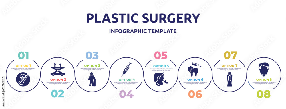 plastic surgery concept infographic design template. included deaf, baby walker, injured male, syringe needle, breath, brushing teeth, baby powder, chin icons and 8 option or steps. plastic surgery concept infographic design template. included deaf, baby walker, injured male, syringe needle, breath, brushing teeth, baby powder, chin icons and 8 option or steps.