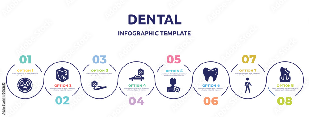 dental concept infographic design template. included radioactive danger, dental insurance, travel insurance, car insurance, woman with flower, teeth black shape, wounded man, decay icons and 8 dental concept infographic design template. included radioactive danger, dental insurance, travel insurance, car insurance, woman with flower, teeth black shape, wounded man, decay icons and 8