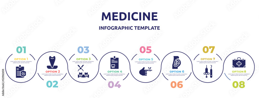 medicine concept infographic design template. included medical insurance, canine, extraction, dental record, bandaged hurt finger, fetus, dentist tools, medicine kit with first aid icons and 8 medicine concept infographic design template. included medical insurance, canine, extraction, dental record, bandaged hurt finger, fetus, dentist tools, medicine kit with first aid icons and 8