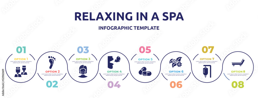 relaxing in a spa concept infographic design template. included two nurses, human footprints, pimples, bad breath, large pill, flower therapy, serum bag, deckchair icons and 8 option or steps.