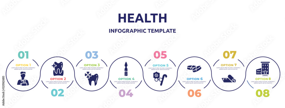 health concept infographic design template. included broken arm, whitening, trebol, ampoul, retirement, medicine tablets, yoga mat, hospital with three floors icons and 8 option or steps. health concept infographic design template. included broken arm, whitening, trebol, ampoul, retirement, medicine tablets, yoga mat, hospital with three floors icons and 8 option or steps.