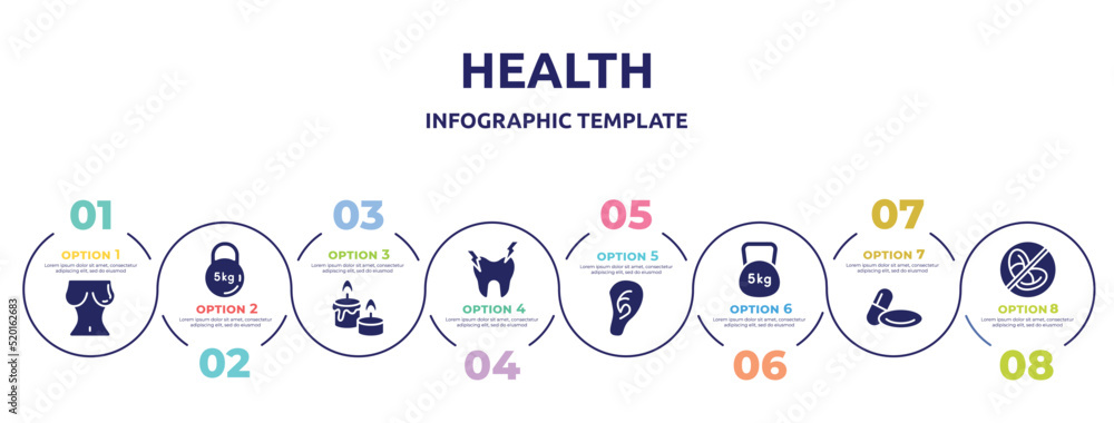 health concept infographic design template. included breasts, kettlebell, candle and stone, hypersensitive, ear lobe side view, weights, 2 pills, prohibition icons and 8 option or steps. health concept infographic design template. included breasts, kettlebell, candle and stone, hypersensitive, ear lobe side view, weights, 2 pills, prohibition icons and 8 option or steps.
