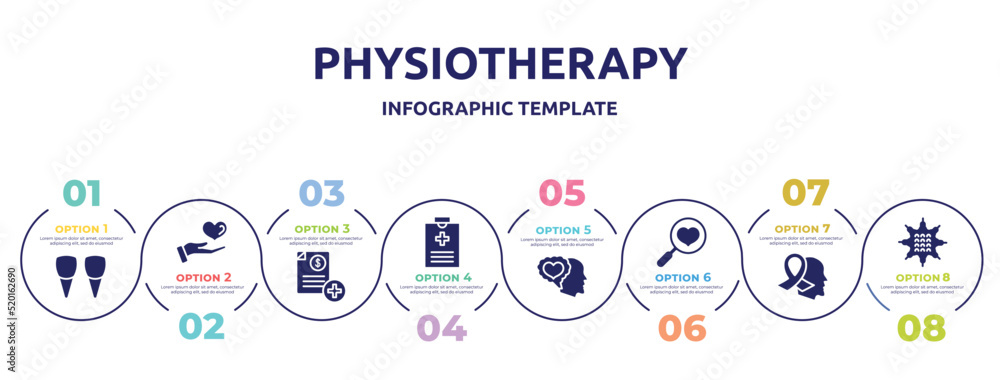 physiotherapy concept infographic design template. included incisor, medical care, medical invoice, medical record, feelings, health check, hope, massage ball icons and 8 option or steps. physiotherapy concept infographic design template. included incisor, medical care, medical invoice, medical record, feelings, health check, hope, massage ball icons and 8 option or steps.