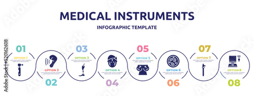 medical instruments concept infographic design template. included dental drill, hearing, prothesis, aesthetic, boobs, microscopic, pike pole, ultrasonography icons and 8 option or steps.