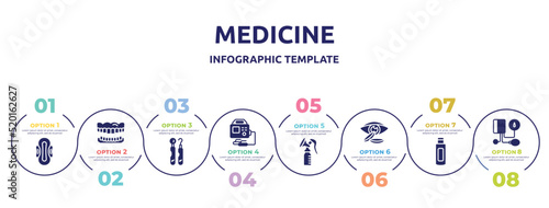 medicine concept infographic design template. included sanitary napkin, dentures, dental hook, defibrillator, breast pump, contact lens, body oil, tonometer icons and 8 option or steps.