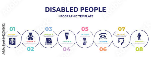disabled people concept infographic design template. included x rays, operating, medicine book, baby cream, orthopedics, eyelid, intestine, prosthetic icons and 8 option or steps.