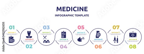 medicine concept infographic design template. included medical insurance, canine, extraction, dental record, bandaged hurt finger, fetus, dentist tools, medicine kit with first aid icons and 8