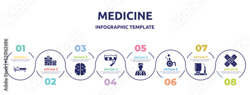 medicine concept infographic design template. included man in bed, health center, brain upper view, veneer, executive man, wheelchair accesibility, dental irrigator, band aid forming a cross mark