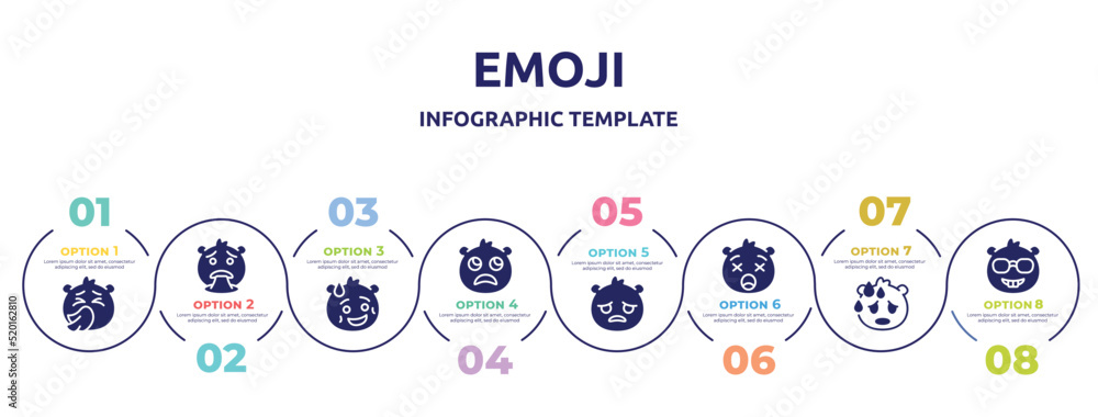 emoji concept infographic design template. included sneezing emoji, puking emoji, shy slightly frowning sad frowning with open mouth sweating nerd icons and 8 option or steps.