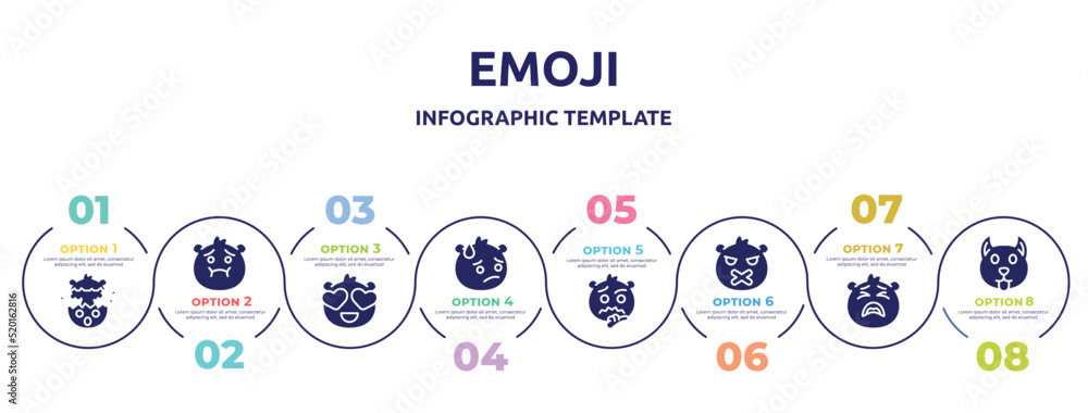 emoji concept infographic design template. included exploding head emoji, nauseated emoji, in love embarrassed , silent tired dog icons and 8 option or steps.