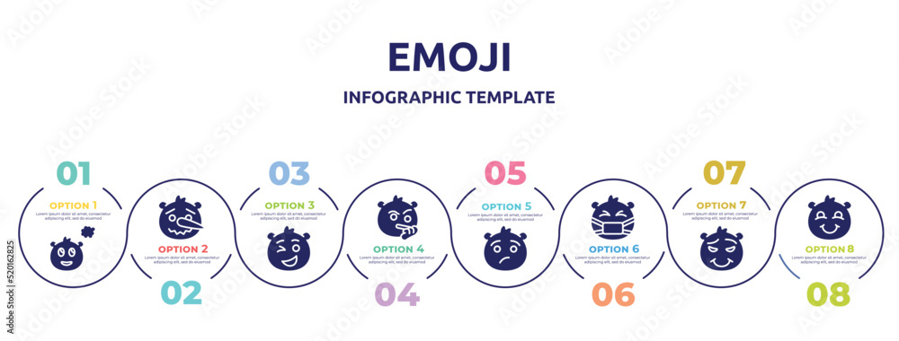 emoji concept infographic design template. included imagine emoji, lying emoji, wink suspicious annoyed sick proud blushing icons and 8 option or steps.