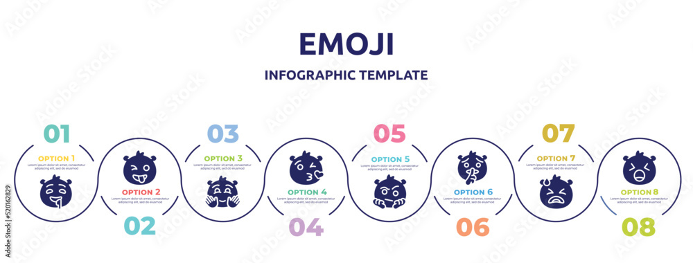 emoji concept infographic design template. included drool emoji, crazy emoji, happy love suspect shushing desperate yelling icons and 8 option or steps. emoji concept infographic design template. included drool emoji, crazy emoji, happy love suspect shushing desperate yelling icons and 8 option or steps.