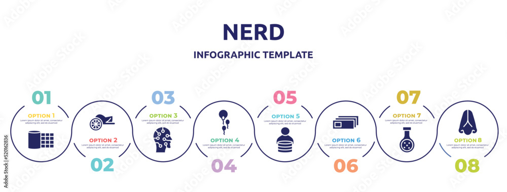 nerd concept infographic design template. included gauze, chariot, artificial, fertility, fee, microscope slides, chemical reaction, body part icons and 8 option or steps.