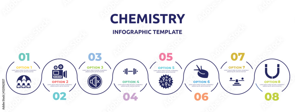 chemistry concept infographic design template. included life insurance, documentary, silent, dumbell, ovule, organ, balancer, magnets icons and 8 option or steps. chemistry concept infographic design template. included life insurance, documentary, silent, dumbell, ovule, organ, balancer, magnets icons and 8 option or steps.