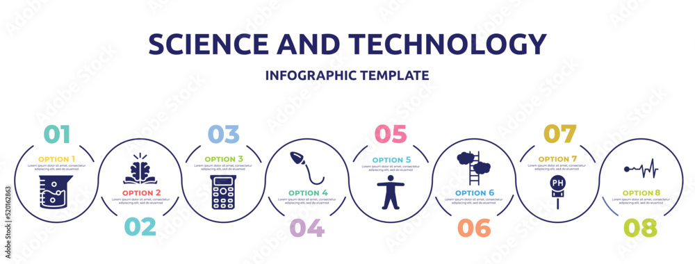science and technology concept infographic design template. included agitator, philosophy, scientific calculator, spermatozoon, anatomy, ascend, ph, life icons and 8 option or steps. science and technology concept infographic design template. included agitator, philosophy, scientific calculator, spermatozoon, anatomy, ascend, ph, life icons and 8 option or steps.