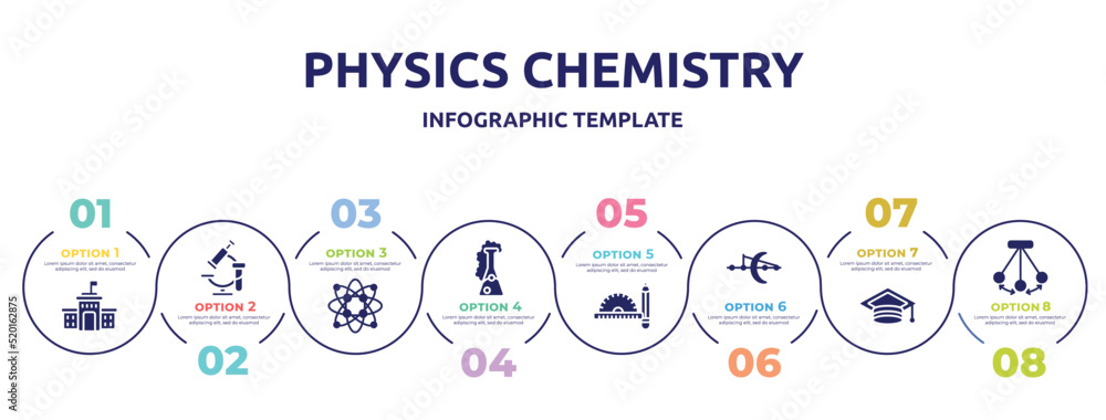 physics chemistry concept infographic design template. included high school, healthcare and medical, protons, chemicals, drawing tools, optics, graduation hat, pendulum icons and 8 option or steps. physics chemistry concept infographic design template. included high school, healthcare and medical, protons, chemicals, drawing tools, optics, graduation hat, pendulum icons and 8 option or steps.