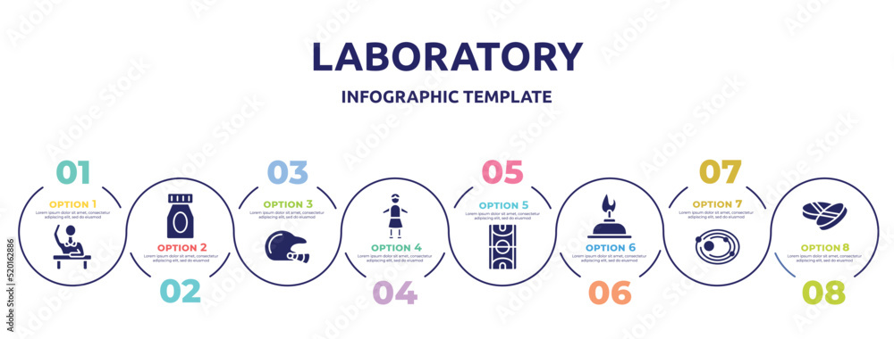 laboratory concept infographic design template. included raising hand, medication, baseball helmet, headmistress, basketball court, burn, solar system, drugs icons and 8 option or steps. laboratory concept infographic design template. included raising hand, medication, baseball helmet, headmistress, basketball court, burn, solar system, drugs icons and 8 option or steps.