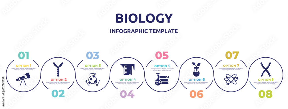 biology concept infographic design template. included astronomy, chromosome, metabolism, measure cup, science book, botanic, orbit, chromosomes icons and 8 option or steps. biology concept infographic design template. included astronomy, chromosome, metabolism, measure cup, science book, botanic, orbit, chromosomes icons and 8 option or steps.
