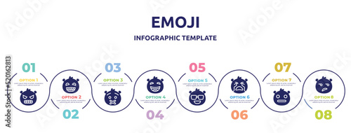 emoji concept infographic design template. included nervous emoji, grinning emoji, muted laughing cool crying expressionless disappointed icons and 8 option or steps.