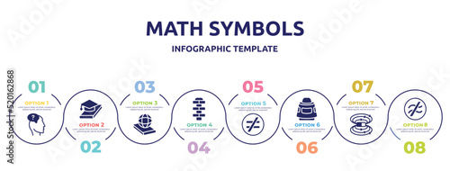 math symbols concept infographic design template. included doubt, thesis, politics, hopscotch, not equal, space capsule, magnetic field, is approximately equal to icons and 8 option or steps.