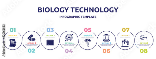 biology technology concept infographic design template. included degree, capsule, drawing board, gyroscope, caduceus, academy, experimentation, fertilization icons and 8 option or steps.