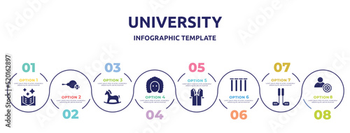 university concept infographic design template. included book of fairy tales, table tennis, hobby horse, newton, lab coat, tubes, golf equipment, engeneering icons and 8 option or steps.