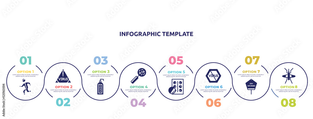 Fototapeta premium concept infographic design template. included physical, virus warning, liquid soap, disease, blister, no virus, stay informed, mosquito icons and 8 option or steps.