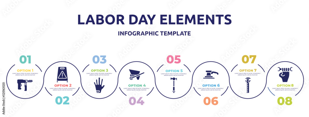 labor day elements concept infographic design template. included big driller, wet floor, left glove, wheelbarrow full, hammer facinf left, sanding hine, sliding scale, labor day icons and 8 option labor day elements concept infographic design template. included big driller, wet floor, left glove, wheelbarrow full, hammer facinf left, sanding hine, sliding scale, labor day icons and 8 option
