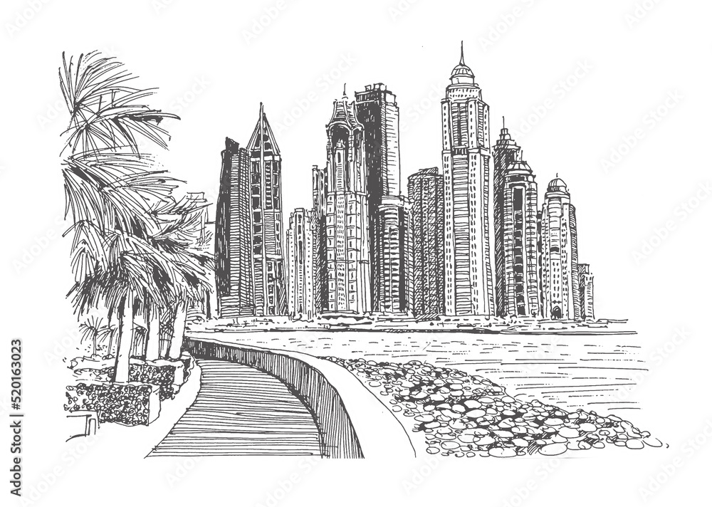 Set dubai skyscrapers and hotels icons sketch Vector Image