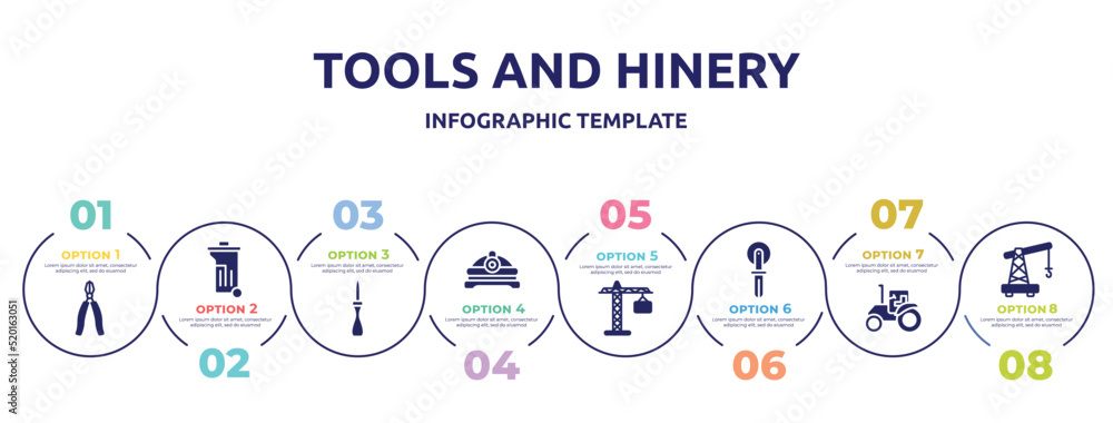 tools and hinery concept infographic design template. included big pliers, dumpster, wood lino cutter, torch helmet, tall crain, knife for pizza, farm tractor, small crane icons and 8 option or