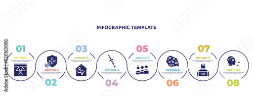 concept infographic design template. included hazmat, immune, telework, pipette, people, amoeba, air transmission, cover cough icons and 8 option or steps.