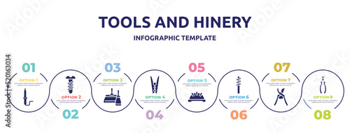 tools and hinery concept infographic design template. included solder, bolts, two spatulas, clothespin, iron helmet, drill tip, pruning shears, nippers icons and 8 option or steps.
