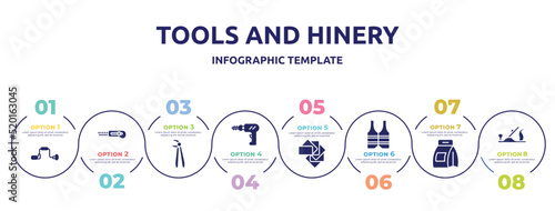 tools and hinery concept infographic design template. included brace, cutter facing left, forceps, perforator, color pack, reflective vest, washing powder, plane controls icons and 8 option or