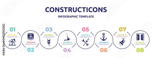 constructicons concept infographic design template. included painting home, vent, pulley hook, sweeping broom, wrench and screwdriver cross, anchor navigational tool, light spot, doors open icons