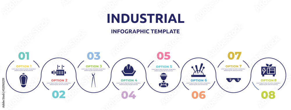 industrial concept infographic design template. included urinal, starter, pincers, head protection, electrician service, needle holder, eye protection, green power icons and 8 option or steps. industrial concept infographic design template. included urinal, starter, pincers, head protection, electrician service, needle holder, eye protection, green power icons and 8 option or steps.