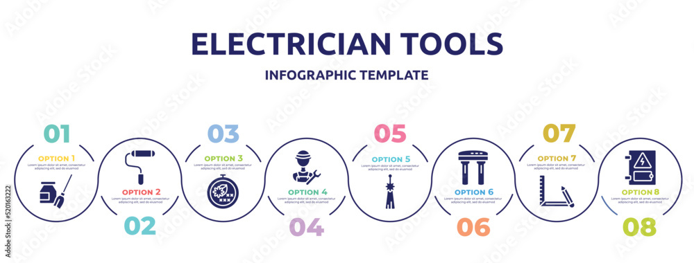 electrician tools concept infographic design template. included turquoise, painted, cross stitch, plumber, norigae, water filter, drawing tool, electrical panel icons and 8 option or steps.