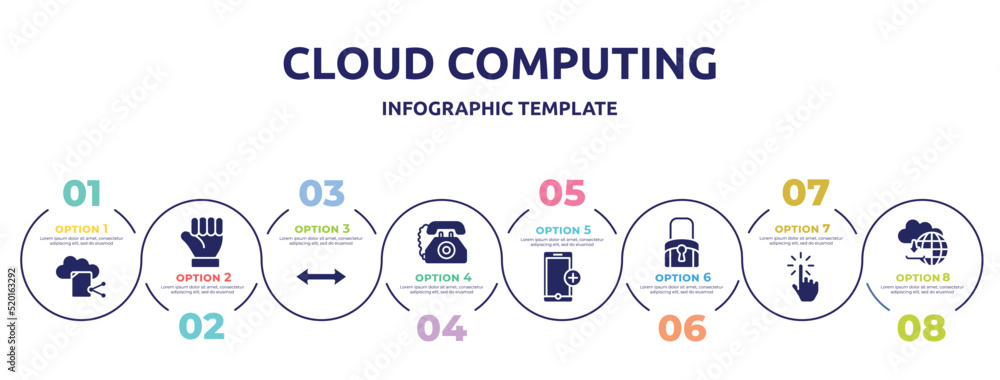 cloud computing concept infographic design template. included file sharing on internet, clenched fist, left and right arrow, old telephone, add phone, black locked, hand cursor, cloud upload icons cloud computing concept infographic design template. included file sharing on internet, clenched fist, left and right arrow, old telephone, add phone, black locked, hand cursor, cloud upload icons