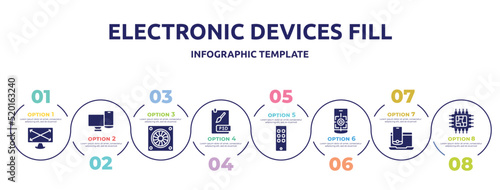 electronic devices fill concept infographic design template. included expand screen, screens, computer fan, psd file, siri remote, focus tool, laptop and smartphone, cpu processor icons and 8 option