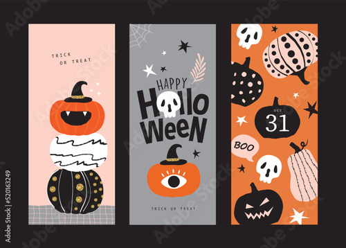 Set of trendy and stylish Halloween banner with decorative pumpkins