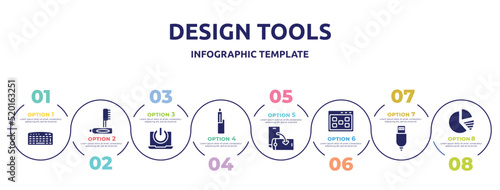 design tools concept infographic design template. included keyboad, teeth cleaning, on button, , rotate screen, ux de, new charger, pie charts icons and 8 option or steps.