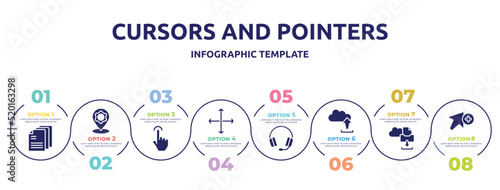 cursors and pointers concept infographic design template. included , location tings, index finger cursor, vertical and horizontal arrows, heads with microphone, uploading from computer, archives
