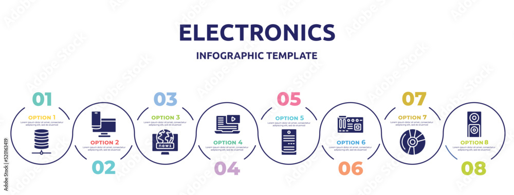 electronics concept infographic design template. included network server, responsive website, world news, video lesson, computer server, motherboard, blu ray, dvd player icons and 8 option or steps.