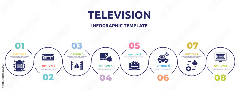 television concept infographic design template. included battery status, vhs, 3d scanner, touchpad, job opportunities, autonomous car, synchronizing, tv show icons and 8 option or steps. television concept infographic design template. included battery status, vhs, 3d scanner, touchpad, job opportunities, autonomous car, synchronizing, tv show icons and 8 option or steps.